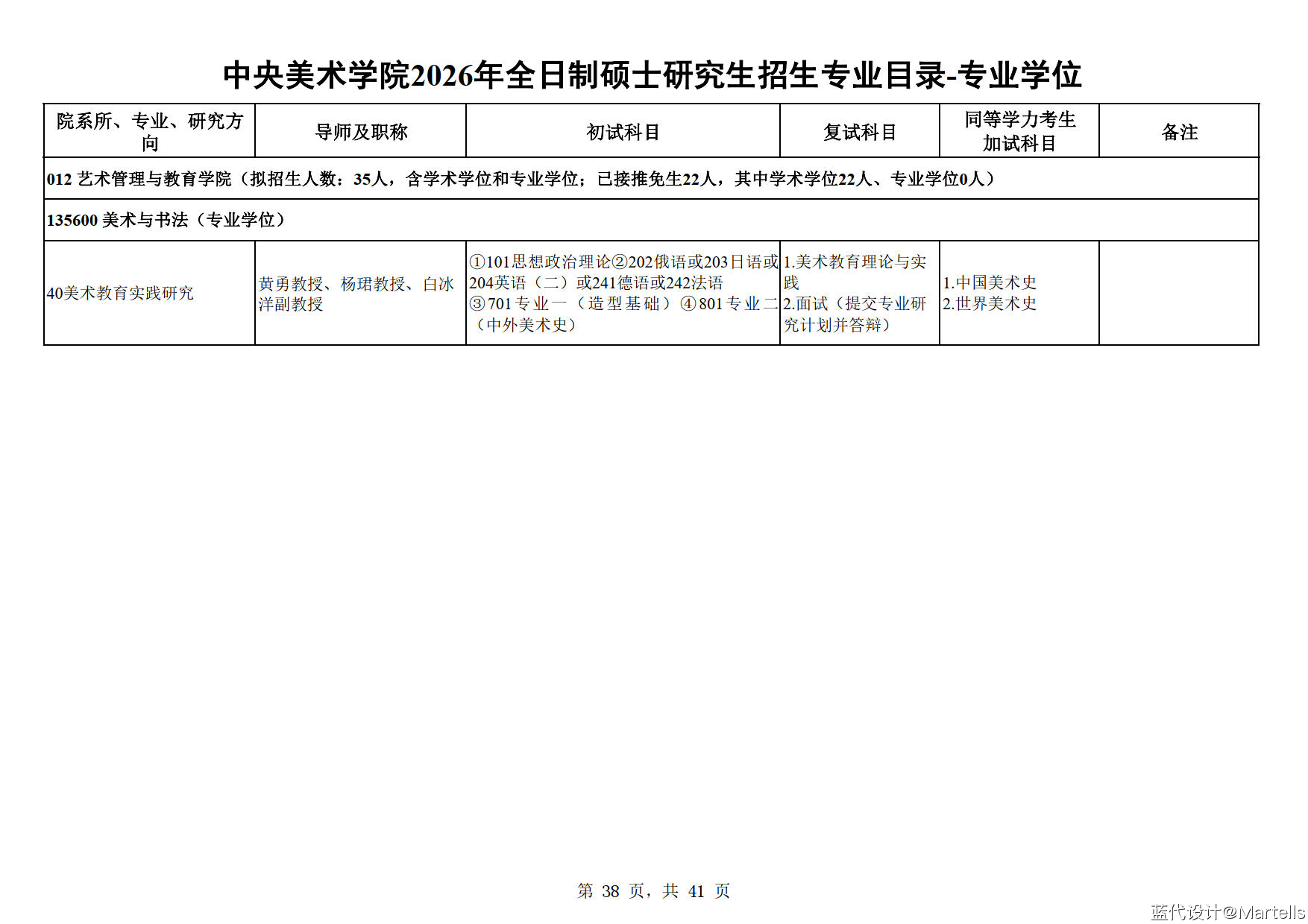 中央美术学院2026年招生专业目录及参考书